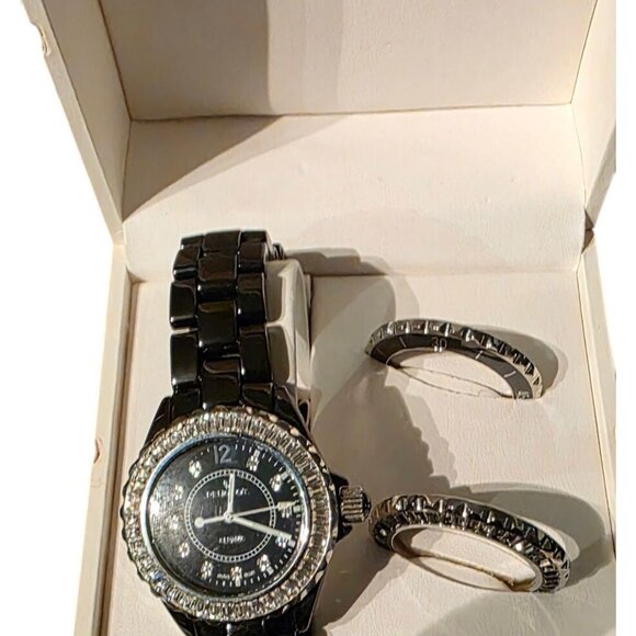 Watch Peugeot Swiss Womens Black Ceramic Interchangeable Bezels & Box New - Picture 2 of 4
